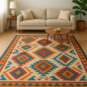 A multicolored area rug with a Southwestern or tribal geometric pattern is the centerpiece of a modern living room. The rug features bold diamond and zigzag shapes in shades of turquoise, orange, and blue on a light beige background, with a fringed border. It is placed on a light wooden floor in front of a neutral-colored sofa, a round wooden coffee table, and a large potted plant.
