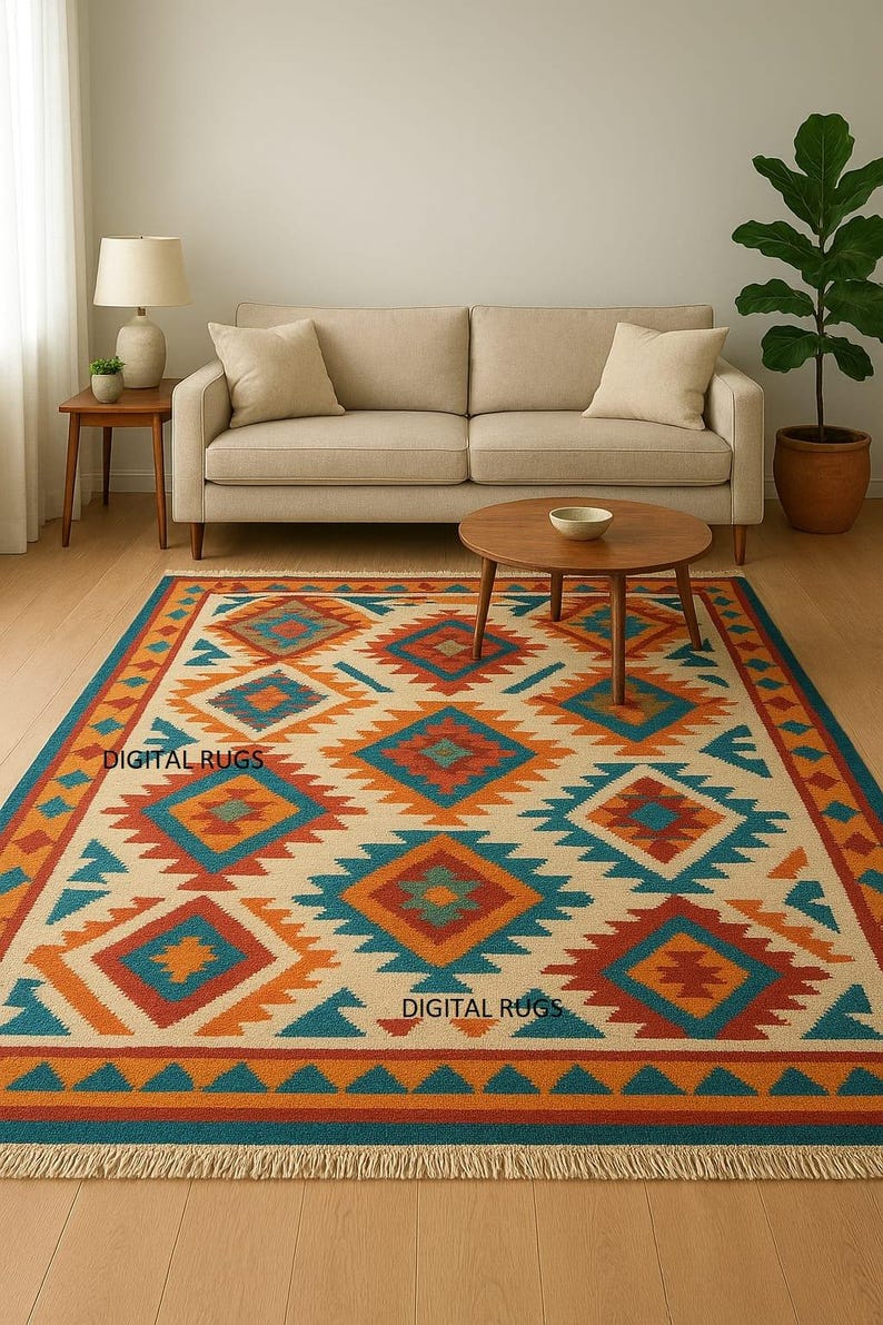 A multicolored area rug with a Southwestern or tribal geometric pattern is the centerpiece of a modern living room. The rug features bold diamond and zigzag shapes in shades of turquoise, orange, and blue on a light beige background, with a fringed border. It is placed on a light wooden floor in front of a neutral-colored sofa, a round wooden coffee table, and a large potted plant.