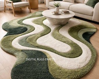 Green Wave Area Rug, Earthy Boho Tufted Carpet, Modern Decor
