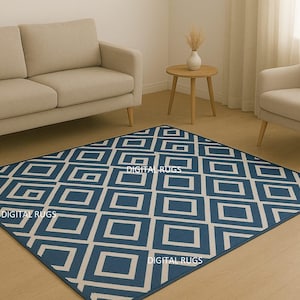 May include: A navy blue and white geometric patterned rug with a repeating square design. The rug is rectangular and placed on a light wood floor. The words "DIGITAL RUGS" are printed on the rug.