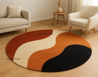 Hand Tufted Round Abstract Rug, Modern Wavy Shape Area Rug, Minimalist Living Room Carpet, Burnt Orange Black Beige Tufted Wool Rug,8x8 ft