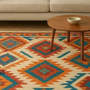 A multicolored area rug with a Southwestern or tribal geometric pattern is the centerpiece of a modern living room. The rug features bold diamond and zigzag shapes in shades of turquoise, orange, and blue on a light beige background, with a fringed border. It is placed on a light wooden floor in front of a neutral-colored sofa, a round wooden coffee table, and a large potted plant.