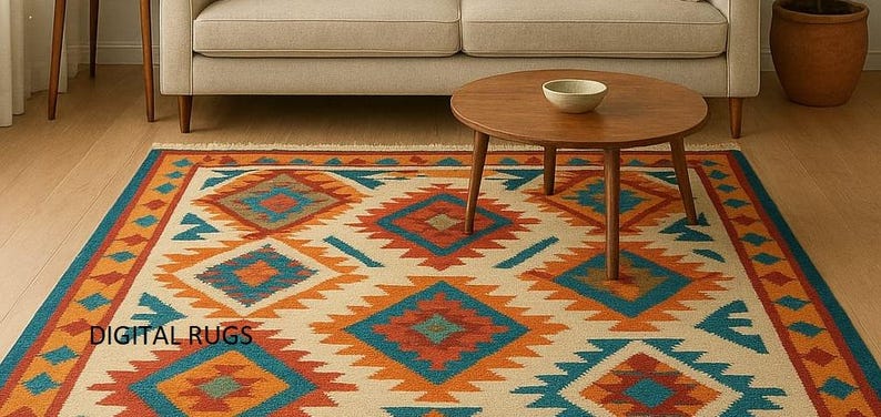 A multicolored area rug with a Southwestern or tribal geometric pattern is the centerpiece of a modern living room. The rug features bold diamond and zigzag shapes in shades of turquoise, orange, and blue on a light beige background, with a fringed border. It is placed on a light wooden floor in front of a neutral-colored sofa, a round wooden coffee table, and a large potted plant.