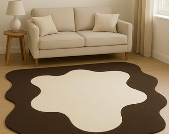 Handmade Tufted Flower Rug, Cream & Brown Abstract Carpet for living room