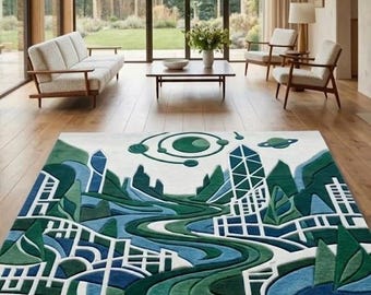 Hand Tufted Abstract Landscape Rug, Modern Green Blue Area Rug, Contemporary Cityscape Carpet, Artistic Wool Rug, Designer Living Room Rug,