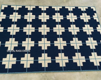 Navy Blue Ivory Hand Tufted Rug, Geometric Wool Area Rug, Modern Handmade Carpet for Living Room Bedroom 6X9 FEET