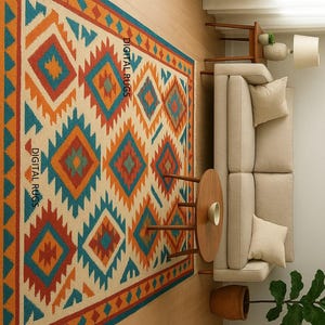 A multicolored area rug with a Southwestern or tribal geometric pattern is the centerpiece of a modern living room. The rug features bold diamond and zigzag shapes in shades of turquoise, orange, and blue on a light beige background, with a fringed border. It is placed on a light wooden floor in front of a neutral-colored sofa, a round wooden coffee table, and a large potted plant.