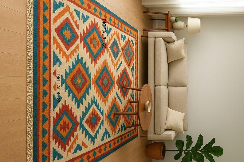 A multicolored area rug with a Southwestern or tribal geometric pattern is the centerpiece of a modern living room. The rug features bold diamond and zigzag shapes in shades of turquoise, orange, and blue on a light beige background, with a fringed border. It is placed on a light wooden floor in front of a neutral-colored sofa, a round wooden coffee table, and a large potted plant.