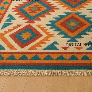 A multicolored area rug with a Southwestern or tribal geometric pattern is the centerpiece of a modern living room. The rug features bold diamond and zigzag shapes in shades of turquoise, orange, and blue on a light beige background, with a fringed border. It is placed on a light wooden floor in front of a neutral-colored sofa, a round wooden coffee table, and a large potted plant.