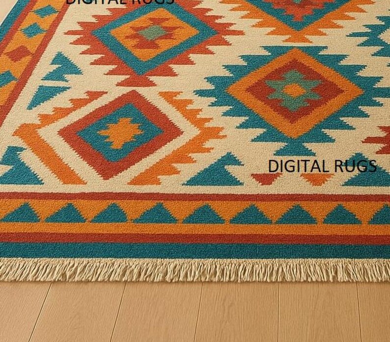 A multicolored area rug with a Southwestern or tribal geometric pattern is the centerpiece of a modern living room. The rug features bold diamond and zigzag shapes in shades of turquoise, orange, and blue on a light beige background, with a fringed border. It is placed on a light wooden floor in front of a neutral-colored sofa, a round wooden coffee table, and a large potted plant.