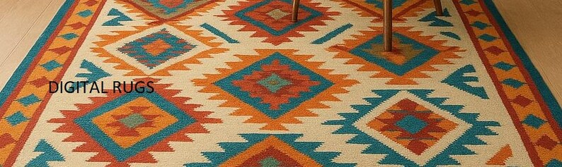 A multicolored area rug with a Southwestern or tribal geometric pattern is the centerpiece of a modern living room. The rug features bold diamond and zigzag shapes in shades of turquoise, orange, and blue on a light beige background, with a fringed border. It is placed on a light wooden floor in front of a neutral-colored sofa, a round wooden coffee table, and a large potted plant.