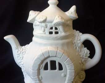 fairy garden charming teapot house ceramic bisque (unfinished)