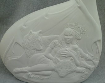 Ceramic Indian Girl With Wolves Vase Bisque (unfinished)