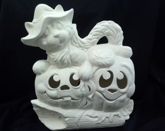 Cat and pumpkins in Bisque and finished