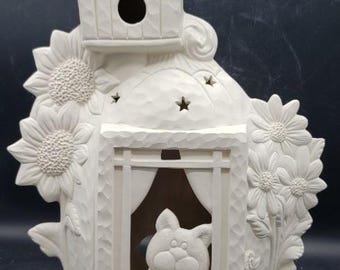 ceramic cat house pumpkin birdhouse bisque(unfinished)