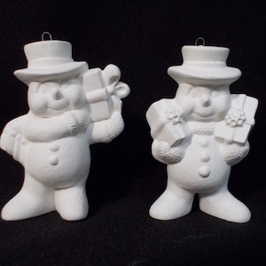 Ceramic Bisque Snowmen with Presents Christmas Ornaments