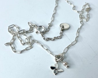 Sterling Silver Butterfly Charm Necklace, White Pearl Charm Sterling Silver Paperclip Chain Necklace