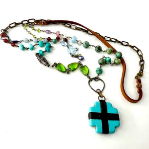 Wire Wrapped Multicolored Gemstone Boho Necklace, Sundance Inspired Necklace, Howlite Cross Pendant