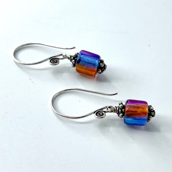 Colorful Furnace Art Glass Bead Earrings on Sterling Silver Ear Wires, Summer Earrings