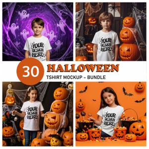 Pode incluir: Um pacote de mockups de camisetas com tema de Halloween com crianças em camisetas brancas com o texto "YOUR DESIGN HERE". A imagem inclui abóboras, morcegos e o texto "30 HALLOWEEN TSHIRT MOCKUP - BUNDLE".