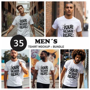 Puede incluir: Un conjunto de camisetas blancas con el texto "YOUR DESIGN HERE". La imagen está etiquetada como "35 MEN'S TSHIRT MOCKUP - BUNDLE". Las camisetas son modeladas por varias personas en entornos urbanos.