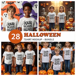 Könnte beinhalten: Eine Sammlung von Kindern, die weiße T-Shirts mit dem Text "YOUR DESIGN HERE" tragen. Das Bild ist ein Halloween-T-Shirt-Mockup-Bundle mit Kürbissen, Skeletten und einer Vielzahl von Hintergründen.