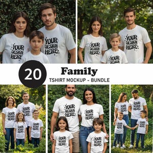 Puede incluir: Un paquete de maquetas de camisetas familiares con múltiples fotos de familias que usan camisetas blancas. Cada camiseta tiene el texto "YOUR DESIGN HERE" impreso. La imagen también incluye el texto "20 Family TSHIRT MOCKUP - BUNDLE".
