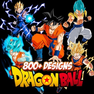 Puede incluir: Gráfico vibrante con múltiples personajes de Dragon Ball en poses dinámicas con efectos de energía. La imagen incluye el texto "800+ DESIGNS" y "DRAGON BALL" en letras audaces y coloridas sobre un fondo negro.