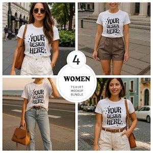 Puede incluir: Un paquete de maquetas de cuatro camisetas de mujer. Cada mujer lleva una camiseta blanca con el texto "YOUR DESIGN HERE". Las camisetas se combinan con diferentes conjuntos, incluyendo pantalones cortos, vaqueros y faldas. La imagen incluye el texto "4 WOMEN TSHIRT MOCKUP BUNDLE".