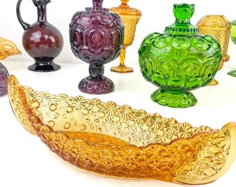 LE Smith Daisy & Button Canoe Dish | Amber Glass | Vintage Glass Decor