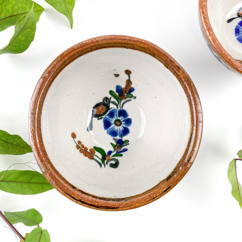 Vintage Handmade Tonala Pottery Bowls Bird & Floral Motif Mexican Pottery Bowl on Left