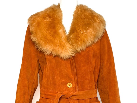 Vintage 1970s Suede Leather Coat with Faux Fur Col