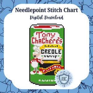 May include: A digital needlepoint stitch chart showing a pixelated image of a Tony Chachere's Creole seasoning can. The can is green with red, white, and yellow text. The text reads "Tony Chachere's Creole".