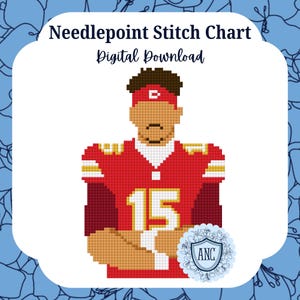 Puede incluir: Descarga digital de un gráfico de punto de cruz. La imagen muestra un jugador de fútbol americano pixelado con una camiseta roja con el número 15. El fondo es blanco con un borde floral azul. El texto dice "Needlepoint Stitch Chart Digital Download".