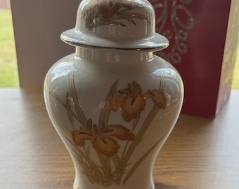 Japanese Elegant orange Iris’s Floral Ceramic Jar with Lid