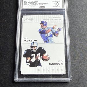 May include: A Bo Jackson trading card, graded Gem Mint 10, featuring two images of Jackson in baseball and football uniforms. The card is from the 2024 Leaf SP Legends Edition Double set.