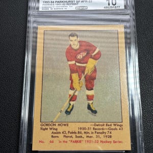 May include: A GEM MINT 10 graded hockey card featuring Gordie Howe in a Detroit Red Wings uniform. The card is from the 1993-94 Parkhurst SP #PR-33 series, a reprint of the 1951-52 Parkies set. The card displays player stats and biographical information.
