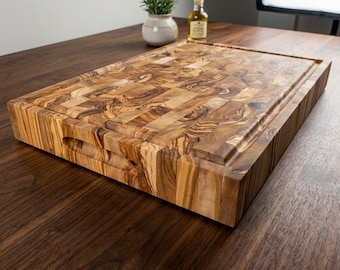 Large Olive Wood Cutting Board, End Grain, 50x30 cm, XL Butcher's Block with Juice Groove, Handmade Kitchen Gift