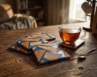 Olive Wood and Blue Epoxy Resin Coasters, Set of 2, 4 or 6 Handmade Square Coasters, Wedding Housewarming Gift