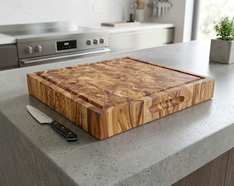Olive Wood Cutting Board, End Grain, 30x30 cm, Butcher's Block with Juice Groove, Handmade Kitchen Gift for Men