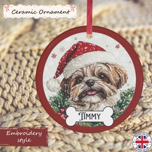 Personalised Shih Tsu Christmas Ornament, Embroidery Effect Dog Decoration, Custom Name on Bone, Ceramic Keepsake for Shih Tzu Lovers