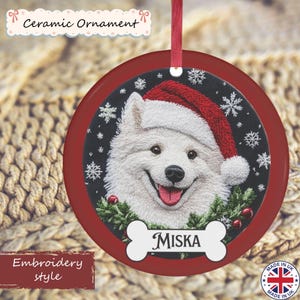 Personalised Samoyed Christmas Ornament, Embroidery Effect Dog Decoration, Custom Name on Bone, Ceramic Keepsake for Samoyed Lovers