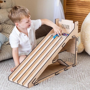 Personalized toy car ramp, Wooden toy car garage for kids, Toy car race track, Toy car storage organizer, Matchbox car storage display