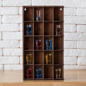 Wooden shot glass display shelf, Shot glass wall display case, Shot glass display organizer, Shot glass display rack storage, Shots holder