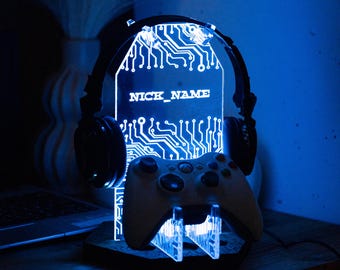 Gaming controller and headphone holder, Personalized gaming headset stand, Gaming headset stand with custom text, Headset station led