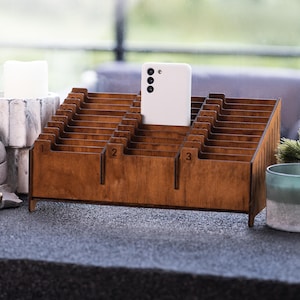 Mobile phones storage box, Unplug box, Phone organizer for classrooms, Wooden stand for mobile phones, Cell phone organizer for school