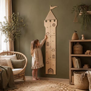 May include: A light-colored wooden wall-mounted height chart shaped like a castle tower. The chart features engraved markings for measurements, along with decorative illustrations of clouds, stars, windows, and a gate, topped with a flag.