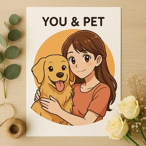 Custom Anime Style Pet Portrait – You & Your Pet as Anime Characters, Personalized Digital Illustration Gift