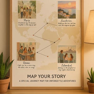 Custom Travel Story Map Poster - Personalisierte Reiseerinnerung, digitale Urlaubskarte Kunst für Paare, Freunde oder Reisebüros