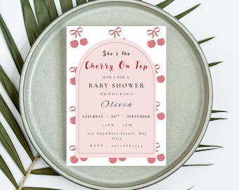 Uitnodiging babyshower met de kers op de taart: bewerkbare sjabloon (digitale download)